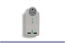 Mini wall charger with 2 USB ports and 3 outlets compact with folding prongs