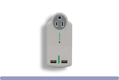 Mini wall charger with 2 USB ports and 3 outlets compact with folding prongs