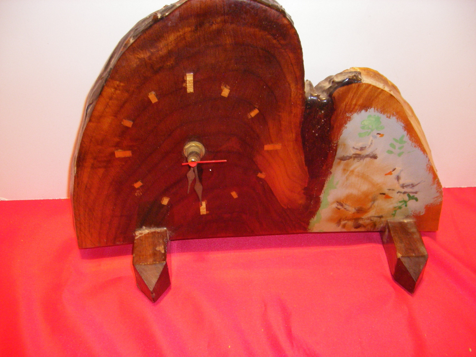 Vintage Retro Tree Slab Wall Clock, With Painted Picture Works Great! Z8