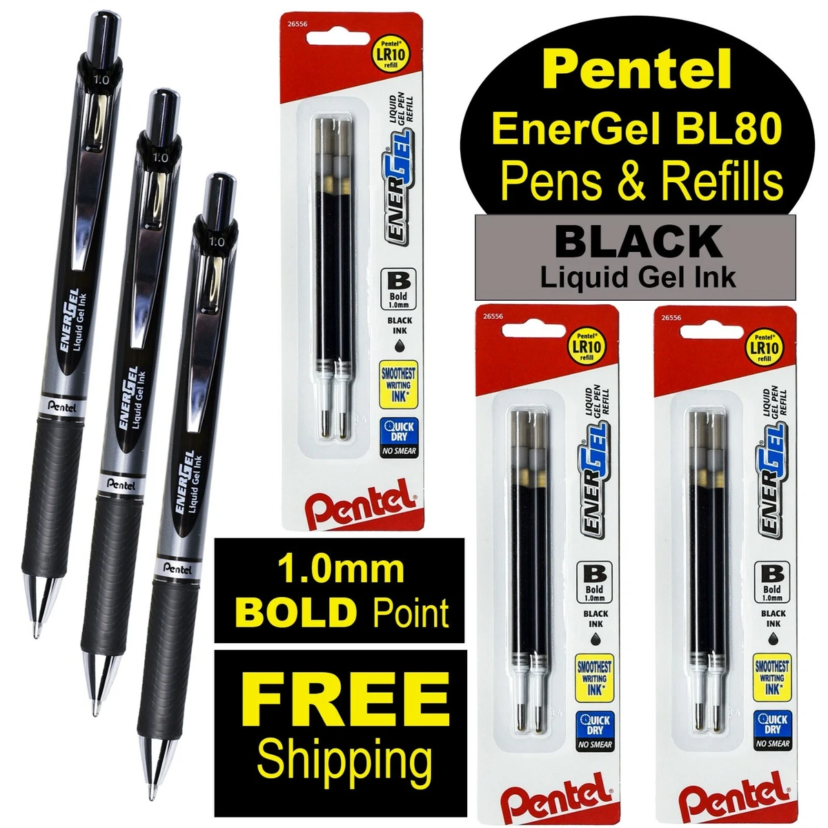 Pentel Black Fast Drying Gel Pens, 3 Pack