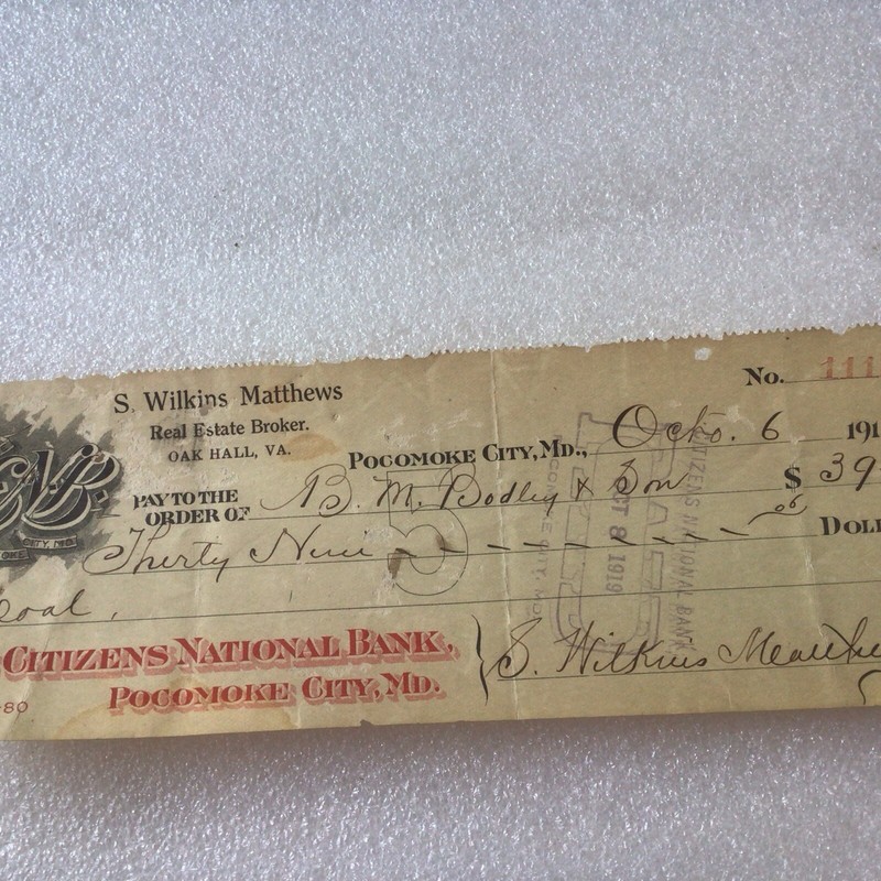 Vintage Citizens National Bank Check Pocomoke Md. By Matthews Oak Hall Va.
