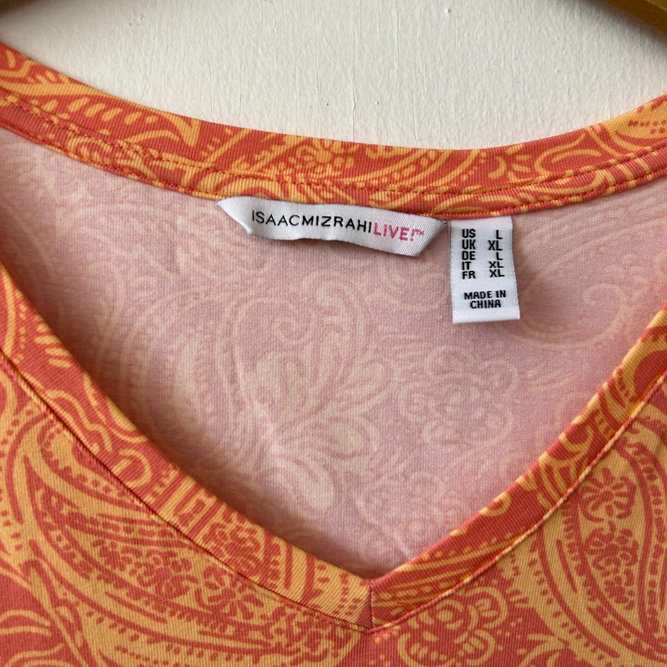 Camiseta IsaacMizrahiLive Mujer Grande Naranja Paisley Cuello en V Top Manga Corta Foto 4 de 4