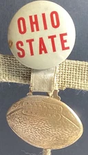 VTG RARE OHIO STATE CELLULOID PINBACK BUTTON W/DANGLE EMBOSSED BRASS FOOTBALL