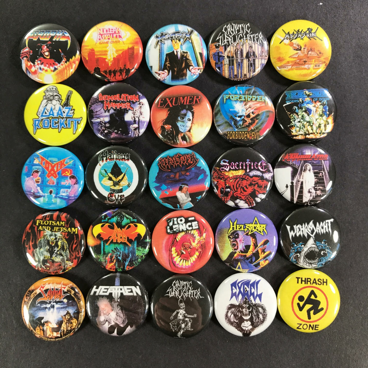 Thrash Metal 1" Button Set (25 Pins) Vio-lence Sepultura Forbidden Exumer Sabbat