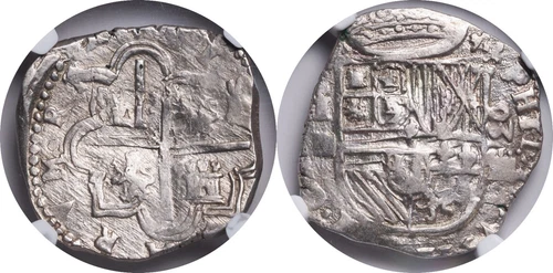 1593, Spain, Philip II. Silver 4 Reales Cob Coin w. Date of Segovia. NGC AU-58!