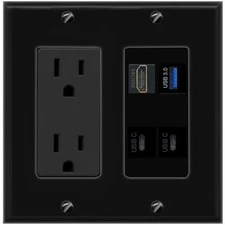 HD USB-3 2 USBC Port Wall Plate Black w Power Outlet