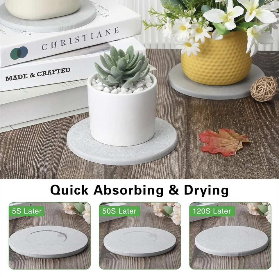 (4) Platillo redondo para plantas de diatomita, montaña rusa absorbente de agua, gris Foto 3 de 4