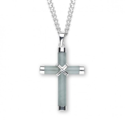 Genuine Aventurine Cross 1.3 Inch x 0.8 Inch Genuine Rhodium Plated Curb Chain