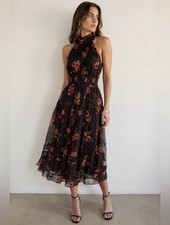 Ulla Johnson Silk Floral Halter Midi Dress Black Boho Luxe XS Lined 