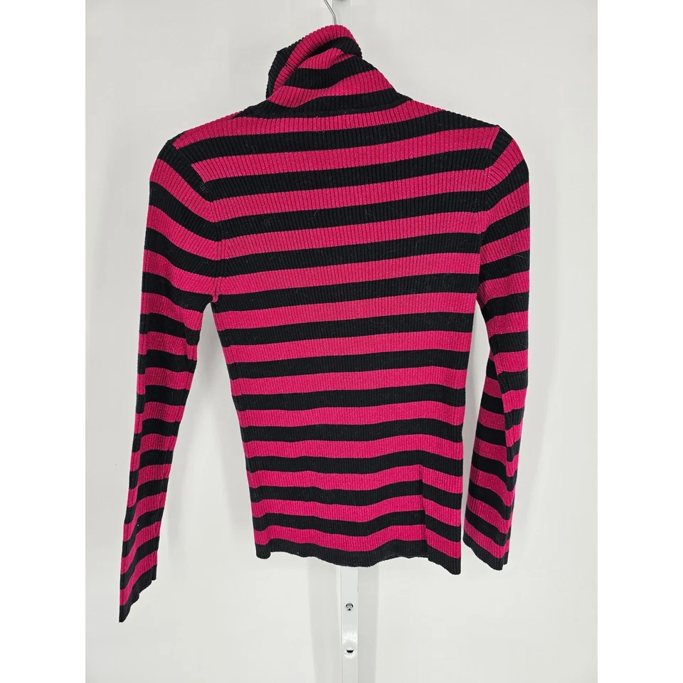New York & Company Womens Sz L Lightweight Turtleneck Sweater Black Pink Striped - Image 4 of 4