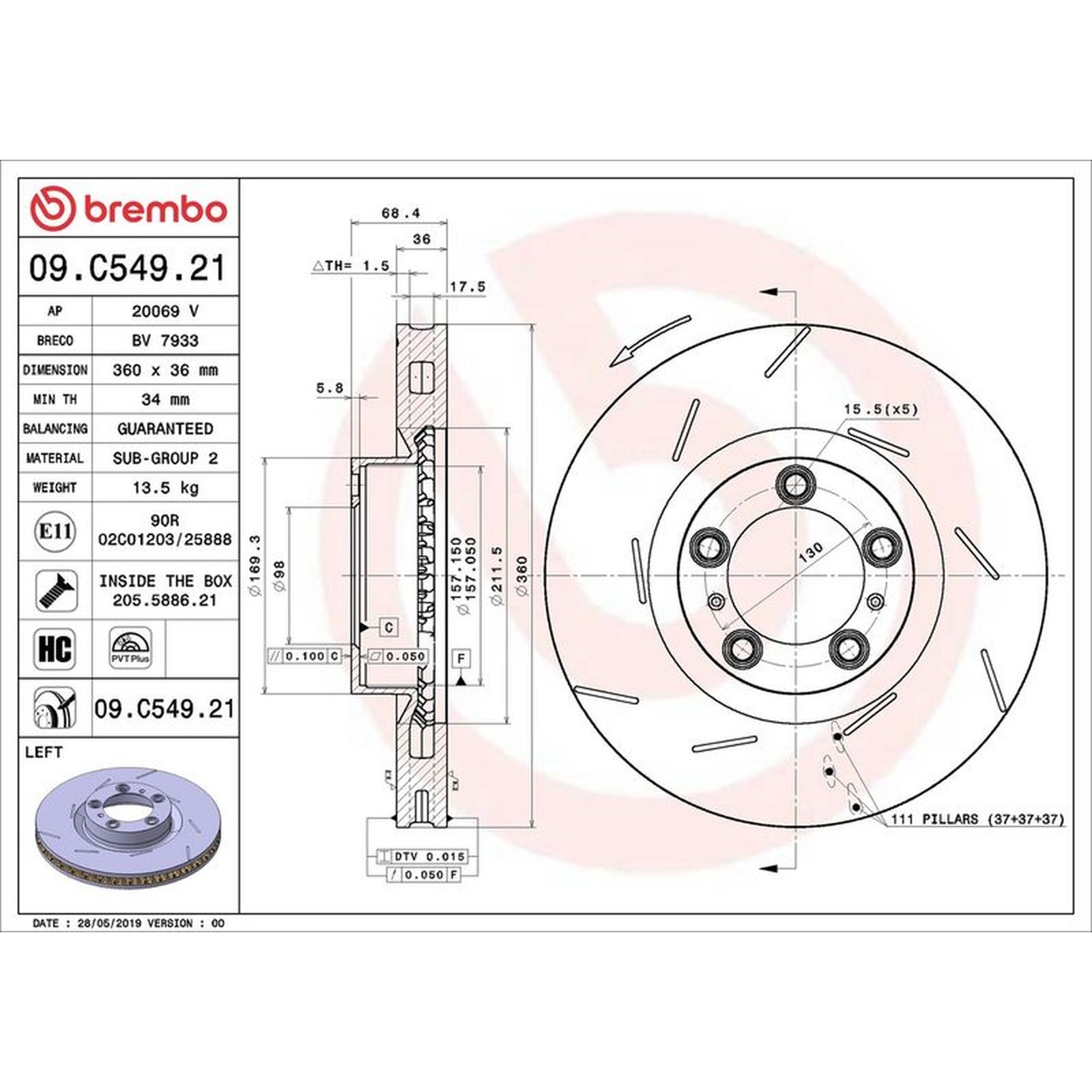 Brembo Prime Line UV Coated Vented Brake Disc - Slotted 09.C549.21 Fits Porsche