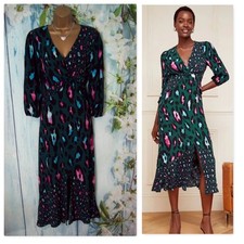 Love Roses Teal Pink Leopard Print Midi Dress Twist Front Long Sleeve Size 14