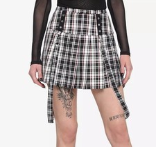 Hot Topic Black White  Red Plaid Grommet Suspender Pleated Skirt Size Large