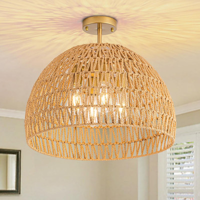 Boho Rattan 4-Light Ceiling Fixture - Semi Flush Mount for Home Decor