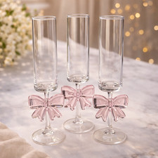 Pink Bow Champagne Flutes Set ? Aesthetic Coquette Glassware, Cute Martini/Prose