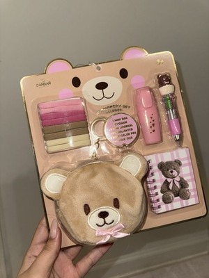 Kawaii Bear Stationery Gift Set   Cute Notepad,Pen, Lip Gloss,Eraser,Pouch,Pink