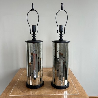 2 Pottery Barn Modern Dark Metal Mirrored Table Lamps (Pair)