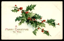 Postcard Merry Christmas Holly Sprig, Red Berries, Green Leaves
