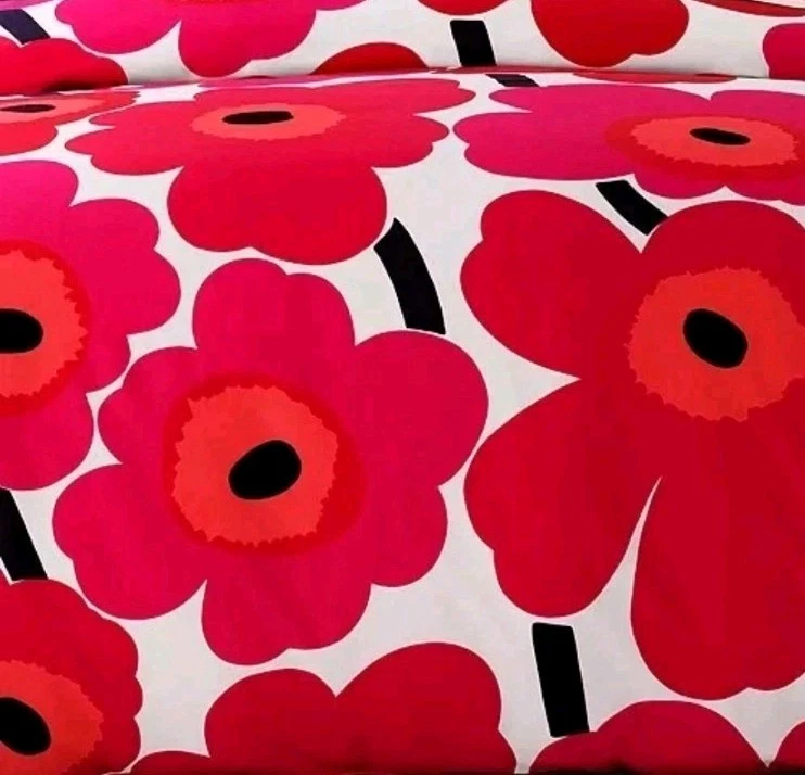 Conjunto de Edredom Marimekko Unikko Floral Vermelho e Branco Queen Algodão Percal Novo em folha $300 - Imagem 3 de 4