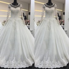 Custom Wedding Dresses Long Sleeves Scoop Neck Lace Appliques Bridal Gowns