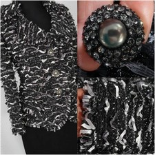 ST JOHN BLACK w MULTI- METALLIC / FRINGE TRIM KNIT JACKET SZ 10