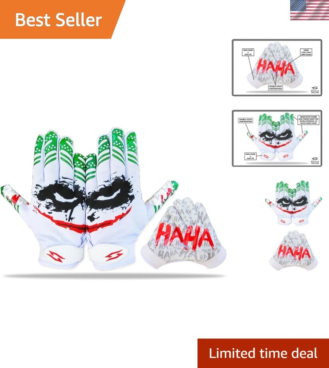 Joker Football Receiver Gloves White - Youth Adult Unleash Venom