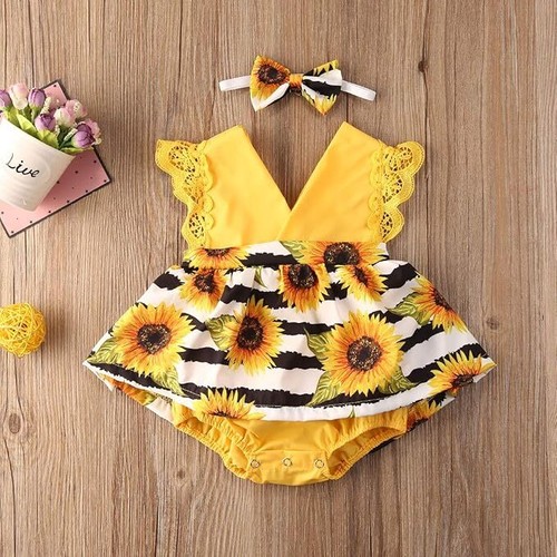 Baby Girls Floral Romper Toddlers Outfits Infant Romper With Headband Outfits - Picture 9 of 11