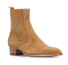 Men's Pointy Toe Pull on Cuban Heel Genuine Leather Boots Shoes Chelsea boots