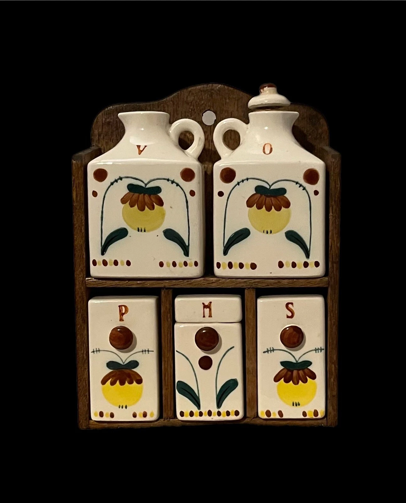 Wood Spice Shelf Oil Vinegar Cruets Mustard Salt Pepper Shakers 1960s Vintage