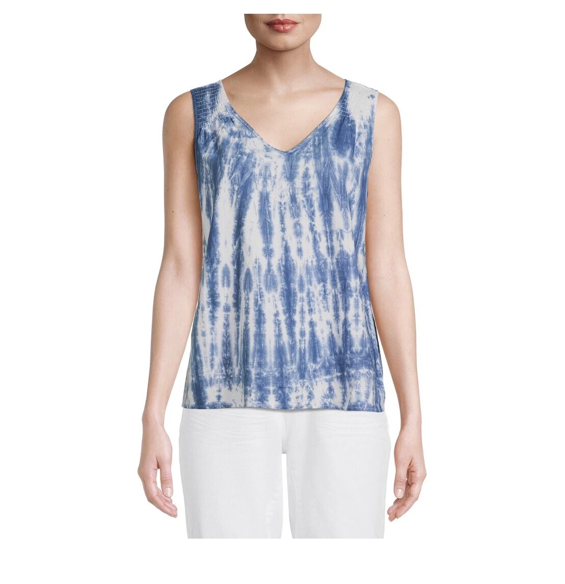 NEW Time and Tru Sleeveless V Neck Blue White Tie Dye Tank Top