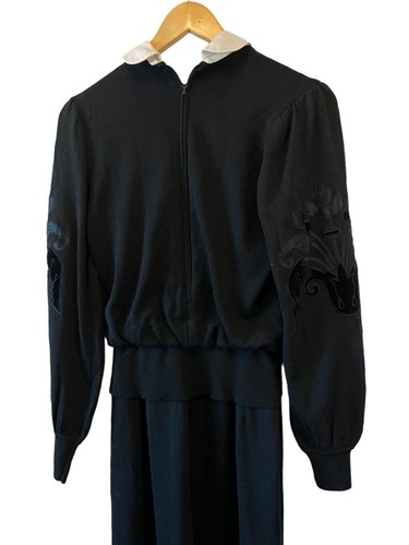 VINTAGE Black Wool Velvet Logo Detachable Collar Long Sleeve Knee Length Dress 8 - Picture 5 of 8