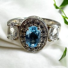 Vintage Sterling Silver 925 Oval Blue Topaz Oval CZ Cocktail Ring
