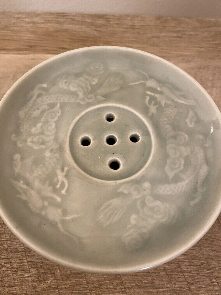 Taza de té china Celadon porcelana dragón con pedestal Foto 4 de 4