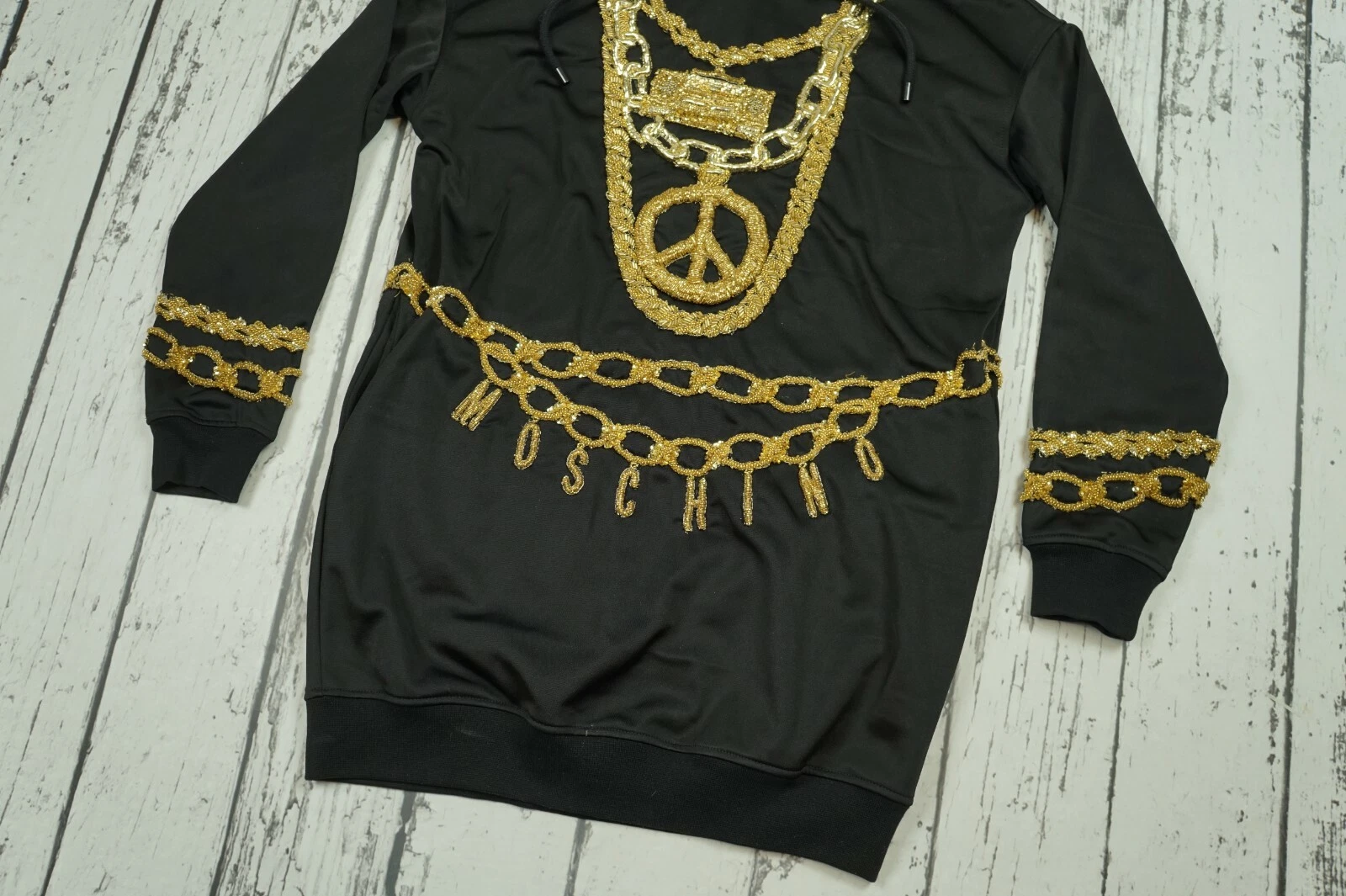 Felpa con cappuccio H&M MOSCHINO nera scintillante maglia catene oro Jeremy Scott abito taglia XS