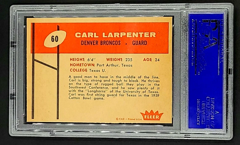 1960 Fleer #60 Carl Larpenter Denver Broncos PSA 5 EX Excellent - Image 2 of 4