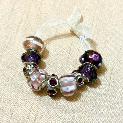 Large Hole European Bead Set for Bracelet in Purple & Pink Glass - Lot of 9