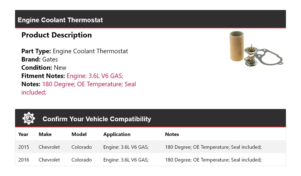 Para Chevrolet Colorado 2015-2016 3,6 L V6 motor gas refrigerante termostato puertas Foto 2 de 4