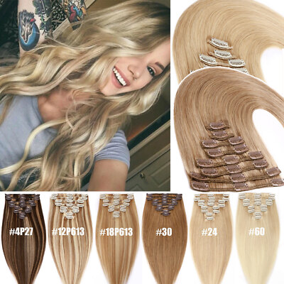 Seamless Clip In 100% Human Hair Extensions Remy Hair Weft 8PCS Full Head Blonde