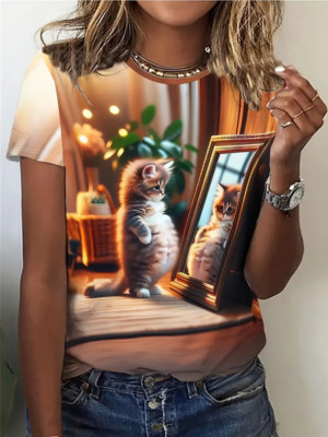 Vanity Kitty Cat printed tee shirt for women short sleeve crew neck cat lovers