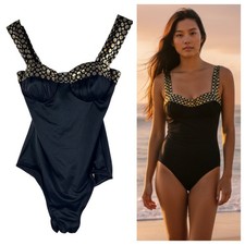 Vtg 80s 90s Catalina One Pc Swimsuit Sz 8 Medium Black Gold Polka Dot Retro bb