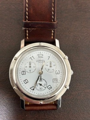HERMES Clipper Chronograph CL1.910 Quartz Watch White Dial Brown