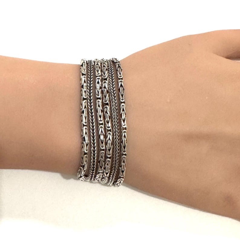 Solid Sterling Silver Wheat & Byzantine Chain Lin… - image 4