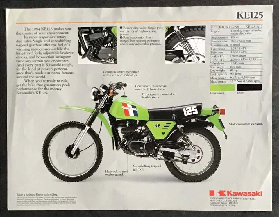 KAWASAKI KE125 Motorcycle Sales Spec Leaflet c1984 Ref  99943-1513 III-IX - Image 2 of 2