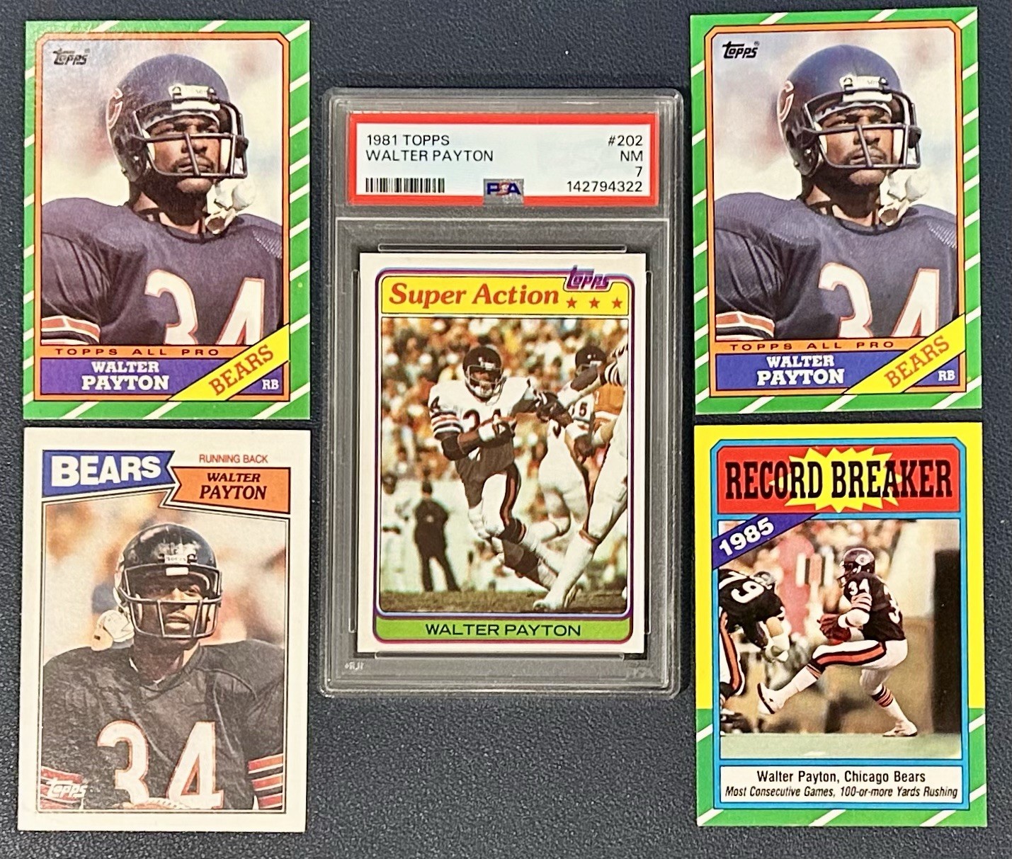 Lot of (5) Vintage Walter Payton Cards Including 1981 Super Action #202 PSA 7
