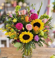 Artificial Flower Bouquet Arrangement in Glass Vase Sunflower Rose Dahlia