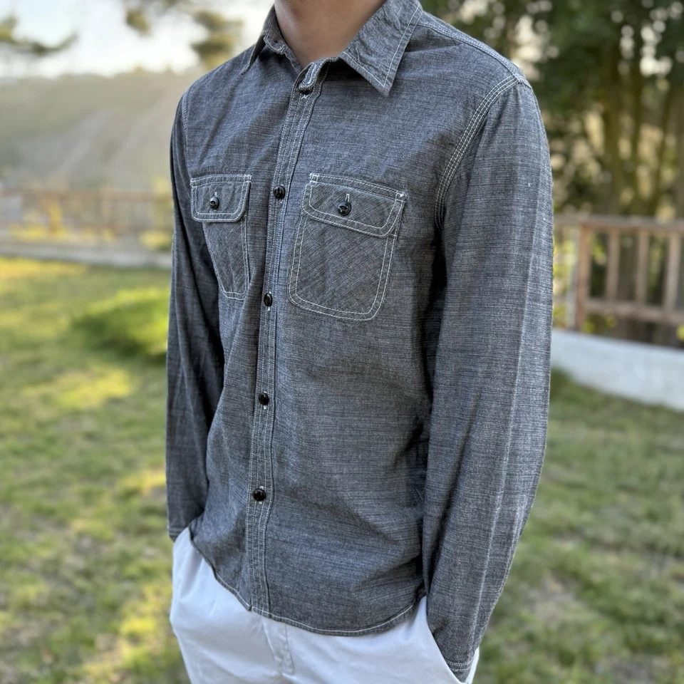 Five Brother Shirt Men Gray Large Chin Strap Sanforized Union Made USA True Vtg - Image 3 of 4