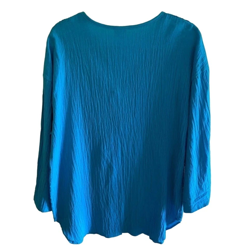 Blusa túnica crochet estilo Avon vintage 100 % algodón azul cuello en V abotonada talla S Foto 2 de 4