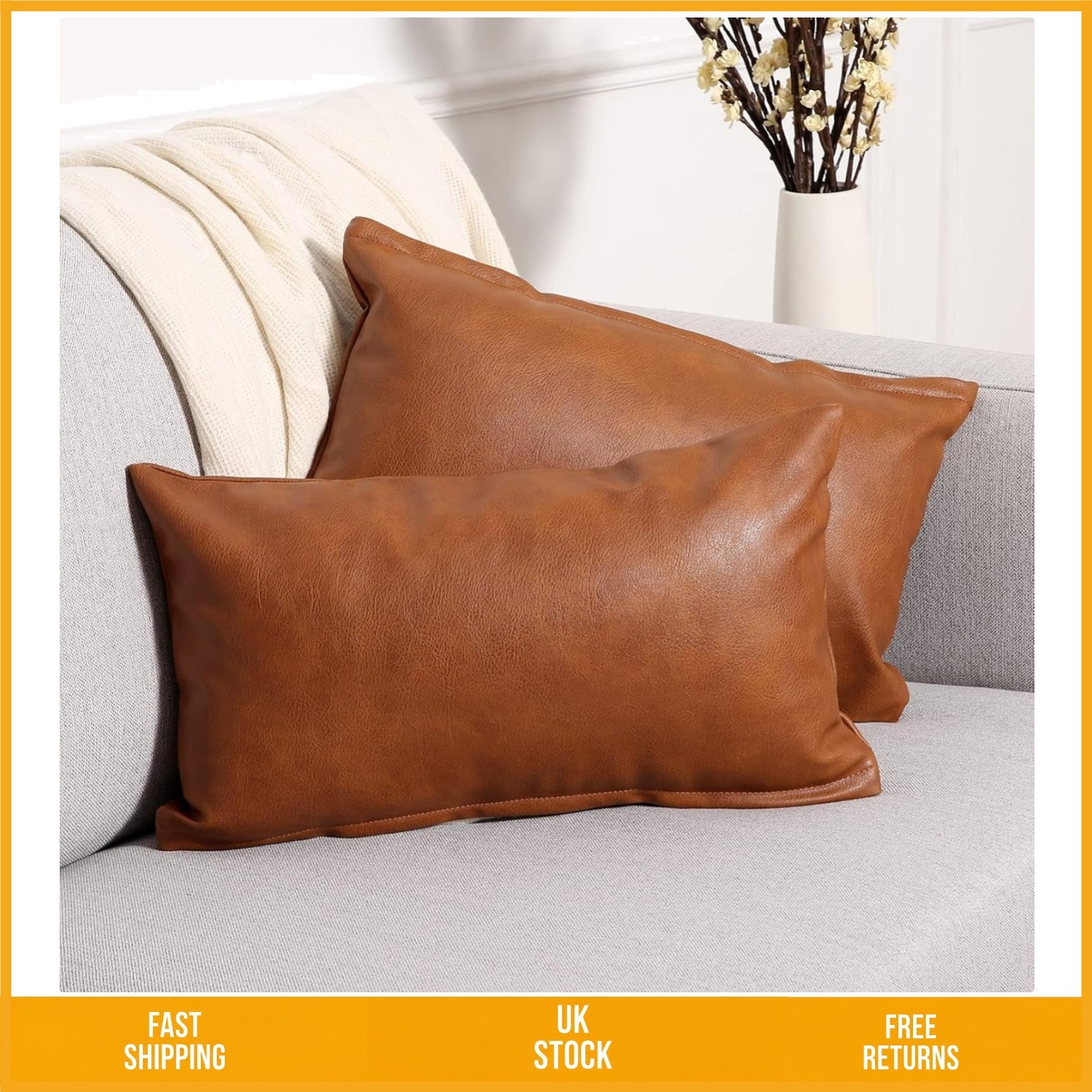 Chic Faux Leather Lumbar Throw Pillow Covers Luxury Outdoor Cases 12x20 2 Pack