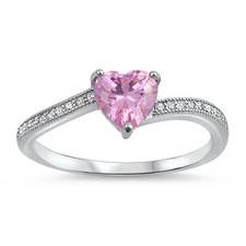 Pink  Clear CZ Heart Ring Genuine Sterling Silver 925 Height 6 mm Size 3 - 12