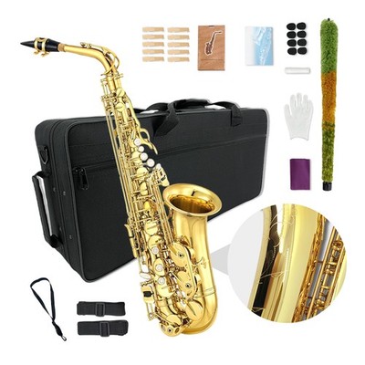 E Flat Alto Saxophone with Gold Lacquer for Beginners Complete Kit with Sax Case